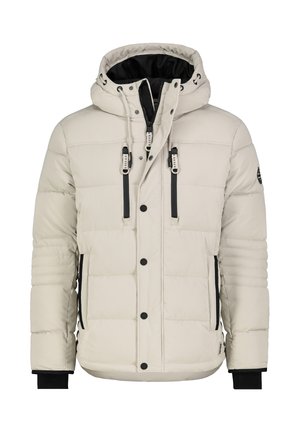 Puffjacke in hellbeige mit Kapuze. Verfügt über vertikale schwarze Akzente, Vorderknöpfe und gerippte Bündchen. Glatte, gesteppte Textur.