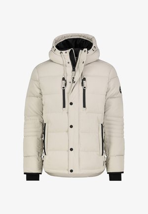 Puffjacke in hellbeige mit Kapuze. Verfügt über vertikale schwarze Akzente, Vorderknöpfe und gerippte Bündchen. Glatte, gesteppte Textur.