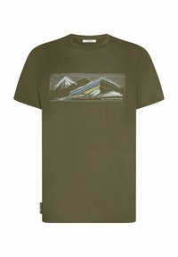 Olivgrön t-shirt med kort ärm som har ett bergsgrafik med linjer och färger i blått och grönt, rund halsringning och mjuk textur.