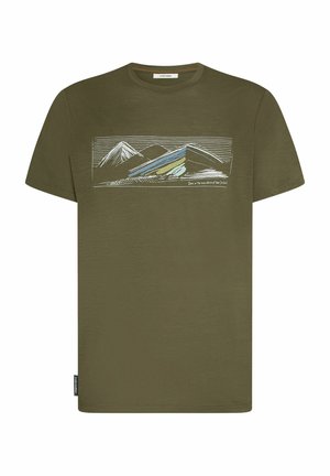 Olive green short-sleeve t-shirt featuring a mountain graphic with lines and colors of blue and green, round neckline, and soft texture.