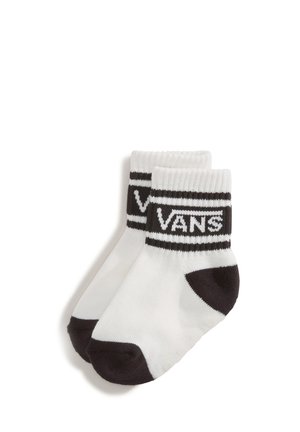 Weiße Knöchelsocken mit schwarzer Ferse, Spitze und gestreiftem Bündchen mit dem Vans-Logo in Schwarz und Weiß.