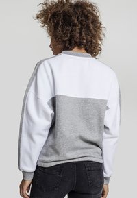 Grau-weißer, farblich abgesetzter Sweatshirt mit strukturierter Oberfläche, mit fallenden Schultern und Rundhalsausschnitt, von hinten gezeigt.