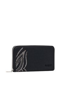 Schwarze Kunstleder-Geldbörse mit weißen Nähdetails und kleinen Metallelementen. Verfügt über einen Reißverschluss und ein geprägtes Markenlogo an der Seite.