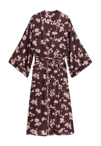 Kimono in stile floreale di colore bordeaux scuro con fiori rosa, dotato di maniche larghe, vita con cintura e rifiniture a contrasto. Tessuto morbido e leggero.