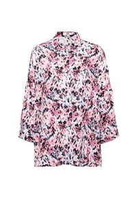 Leichtgewichtige Bluse mit Blumenmuster und lockerer Passform, mit einer durchgehenden Knopfleiste und einem abgerundeten Kragen. Die Farben sind Pink, Schwarz und Blau.