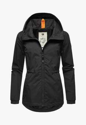 Zwarte waterdichte jas met een gerafeld taille-elastiek, een capuchon met een oranje accent, een volledige ritssluiting aan de voorkant, en elastische manchetten. Textuur gevoerde binnenvoering.