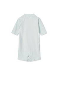 Light blue short-sleeve one-piece swimsuit with vertical white stripes, raglan sleeves, and a back zipper. Smooth, stretchy fabric.