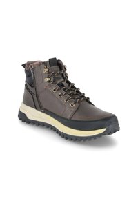 Braune wasserdichte Wanderschuhe mit hohem Knöchel, strukturiertem Gummi-Außensohle, gepolstertem Kragen und kontrastierenden Schnürsenkeln. Reißverschlussdetails an der Seite.