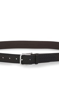 Μαύρη πλεκτή δερμάτινη ζώνη με ασημένια ορθογώνια αγκράφα· διαθέτει λεία πίσω πλευρά και πολλαπλές οπές ρύθμισης.