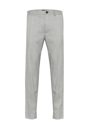 Light grey plaid trousers with a flat front design, slim fit, subtle texture, and a single button closure.