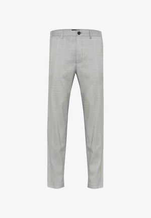 Ljust grå rutiga byxor med platt framdesign, slim fit, subtil struktur och en enda knappstängning.