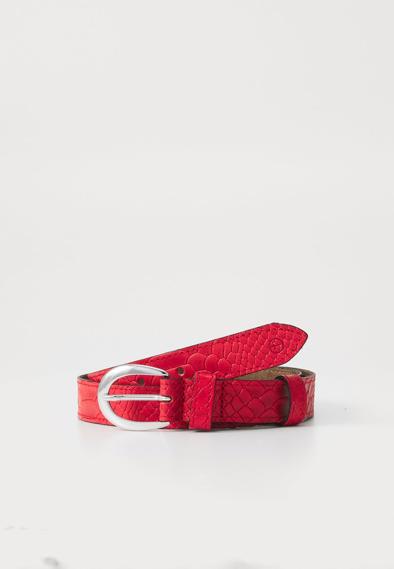 Red, textured belt with a snake pattern, featuring a silver metal buckle and a smooth interior. Adjustable length with a pointed tip.