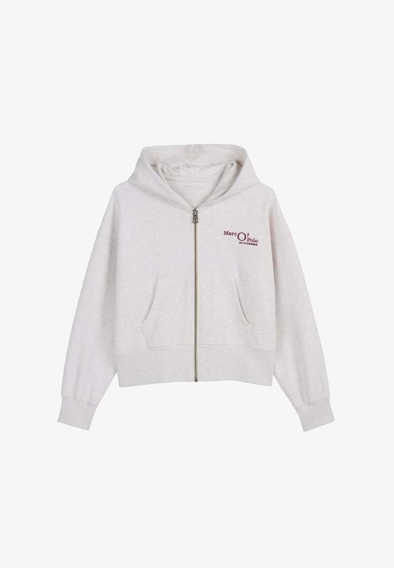 Helle graue Zip-Hoodie mit frontalen Taschen, gerippten Bündchen und Saum sowie kleinem "Marc O'Polo" Textlogo in Rot auf der linken Brust.