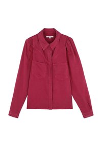Camicia a maniche lunghe color bordeaux con colletto, due tasche frontali e spalle gonfie; realizzata in morbido cotone.