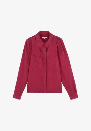 Burgundy long-sleeve shirt with a collared neckline, two front pockets, and puffed shoulders; made from a soft cotton material.
