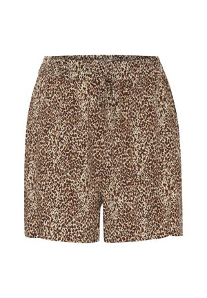 Bruine en crèmekleurige shorts met luipaardprint, voorzien van een elastische tailleband en een trekkoord aan de voorkant. Zacht materiaal met een relaxte pasvorm en geen extra details.