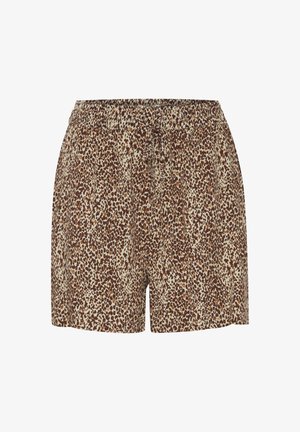 Pruun ja kreemikates leopardimustriga lühikesed püksid, millel on elastne vöökoht ja eesmine nöör. Pehme kangas, millel on lõdvenenud lõige ja ilma täiendavate detailideta.