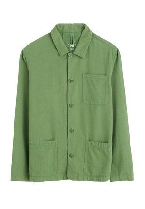 Green long-sleeve shirt made of lightweight fabric, featuring a straight collar, button front, one chest pocket, and two front pockets.