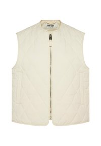 Gepolsterte ärmellose cremefarbene Weste mit Frontreißverschluss und seitlichen Taschen, ausgestattet mit einem runden Ausschnitt und einem Rautenmuster.