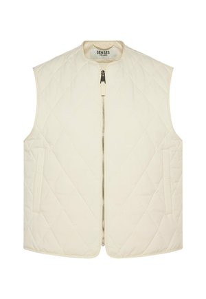 Gepolsterte ärmellose cremefarbene Weste mit Frontreißverschluss und seitlichen Taschen, ausgestattet mit einem runden Ausschnitt und einem Rautenmuster.