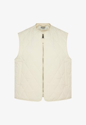 Quilted sleeveless cream vest with front zipper and side pockets, featuring a round neckline and diamond stitching pattern.
