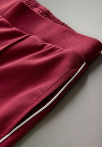 Bordeauxrode sportshorts met een gladde textuur, elastische tailleband en een witte zijstreep. Voorzien van plooien voor comfort en bewegingsvrijheid.