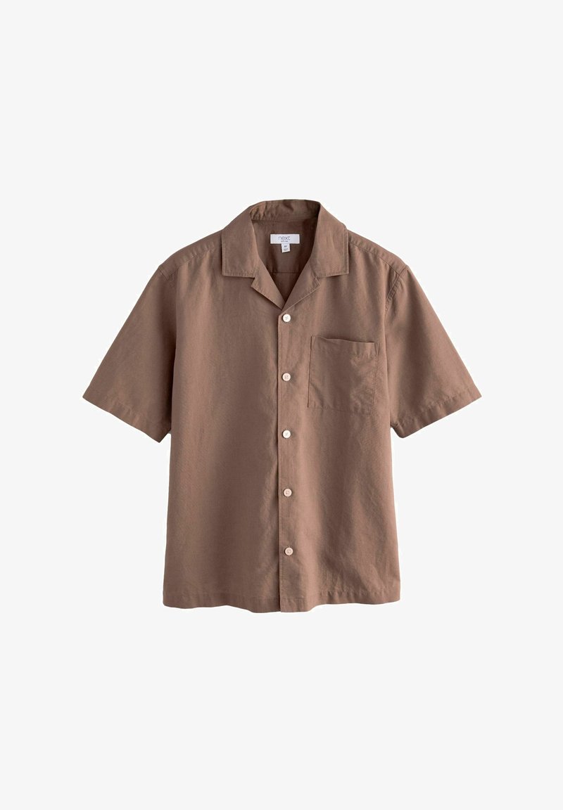 Short-sleeve, collared shirt in a solid taupe color, made of lightweight fabric. Features button front and single chest pocket.