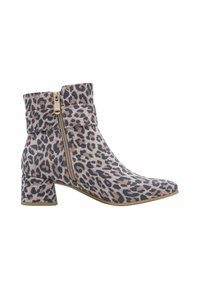 Botte femme hauteur cheville avec imprimé léopard, fermeture éclair latérale, revers et talon bas bloc.