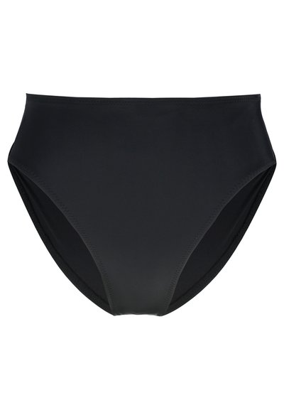 Visoko pasno črno bikini dno, izdelano iz gladke, raztegljive tkanine. Ima enotno barvo, čiste linije in minimalističen dizajn. Brez vzorcev ali dodatkov.