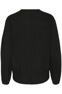 Mustast lõngast kootud kampsun ümmarguse kaelusega, lõdva istuvusega ning soonikuga mansettide ja alumise äärega. Tagaküljel on keskmine õmblus.