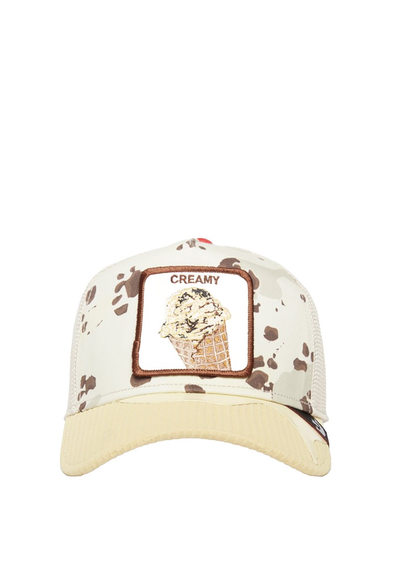 Creamy ice cream-themed cap with a beige and white spotted design, featuring a square patch of ice cream cone on the front.