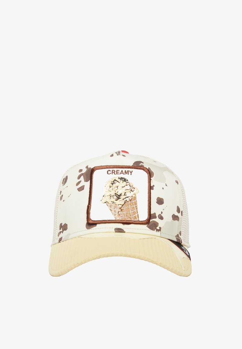 Creamy ice cream-themed cap with a beige and white spotted design, featuring a square patch of ice cream cone on the front.