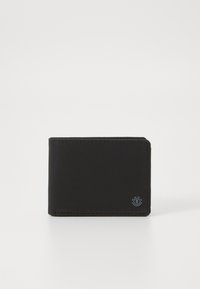 Black leather wallet with a sleek, rectangular design, featuring subtle stitching and a small embossed logo on the lower right corner.