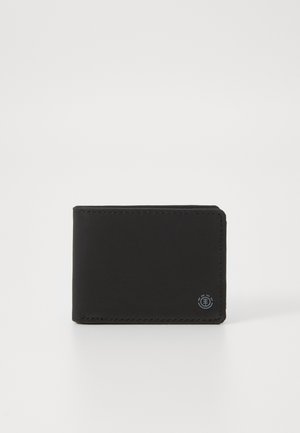 Black leather wallet with a sleek, rectangular design, featuring subtle stitching and a small embossed logo on the lower right corner.
