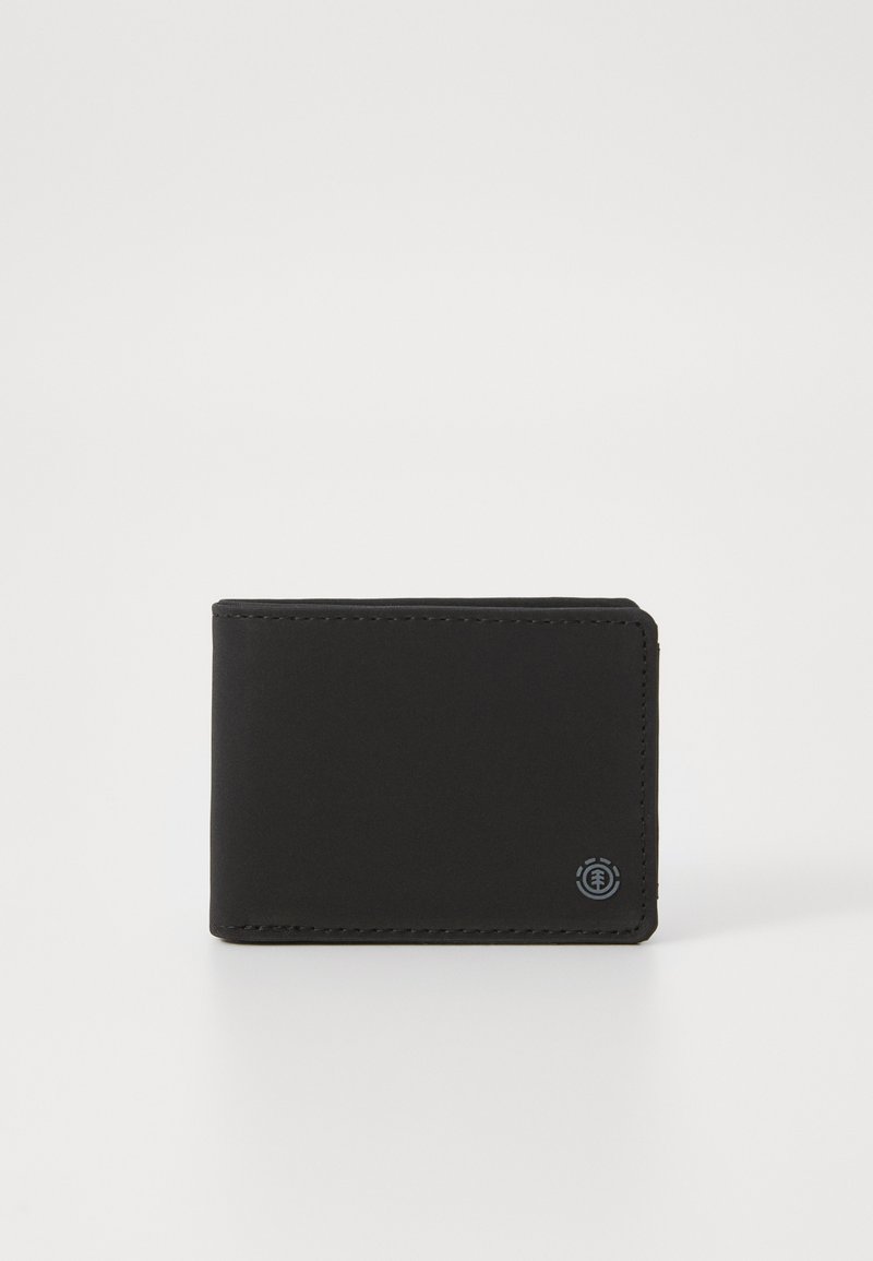 Black leather wallet with a sleek, rectangular design, featuring subtle stitching and a small embossed logo on the lower right corner.