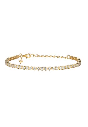 Gold-tone bracelet featuring a row of round clear crystals, linked design, and a lobster clasp closure with an adjustable chain.