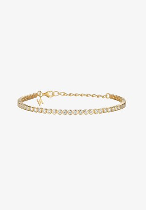 Armband in Gold-Ton mit einer Reihe runder klarer Kristalle, vernetztem Design und einem Karabinerverschluss mit verstellbarer Kette.