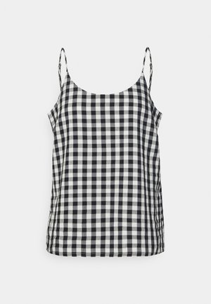 Camisola aos quadrados preto e branco com alças finas ajustáveis e um corte solto. Feita de tecido leve com uma textura suave.