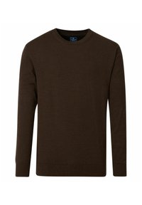 Dunkelbrauner Rundhals-Pullover aus weichem Strickmaterial. Lange Ärmel mit gerippten Bündchen und Saum. Einfaches, einfarbiges Design ohne Muster.