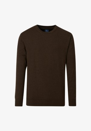 Dunkelbrauner Rundhals-Pullover aus weichem Strickmaterial. Lange Ärmel mit gerippten Bündchen und Saum. Einfaches, einfarbiges Design ohne Muster.