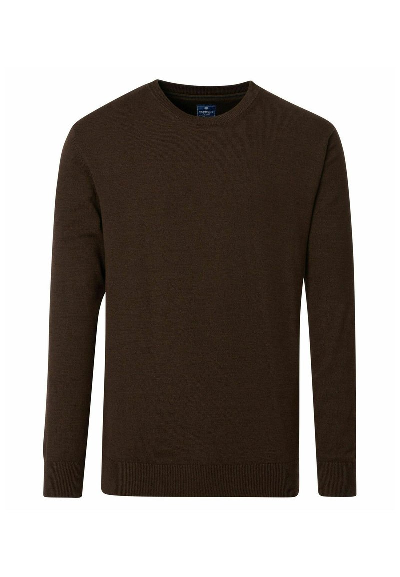 Dunkelbrauner Rundhals-Pullover aus weichem Strickmaterial. Lange Ärmel mit gerippten Bündchen und Saum. Einfaches, einfarbiges Design ohne Muster.