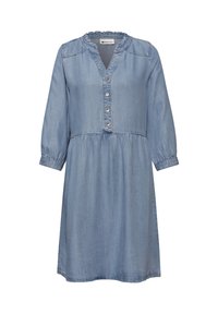 Light blue denim dress with three-quarter sleeves, ruffled collar, buttoned placket, and gathered waist.