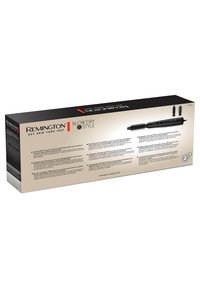 Svart och beige låda för Remington Blow Dry & Style med produktinformation, illustrationer av tillbehör och skötselråd.