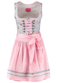 Robe dirndl rose sans manches avec corsage à motifs floraux, devant à lacets, large nœud en ruban à la taille, et bordure décorative à l'ourlet de la jupe.