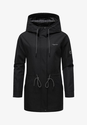 Jachetă waterproof neagră, dotată cu glugă cu șnur, talie ajustabilă și buzunare laterale, cu un model contrastant pe căptușeala interioară.