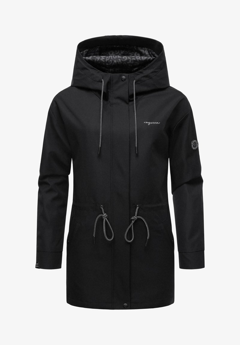 Fekete vízálló dzseki húzózsinórral ellátott kapucnival, állítható derékkal és oldalsó zsebekkel, kontrasztos belső bélésmintával.