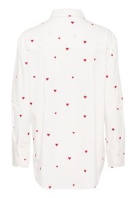 White long-sleeve shirt featuring scattered red and pink heart patterns, button-up collar, and cuffed sleeves. Smooth cotton texture.
