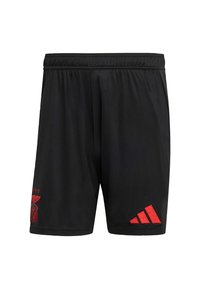 Pantalones cortos deportivos negros con una cinturilla elástica, logo bordado en rojo y detalles en rojo de Adidas en la parte inferior izquierda. Fabricados con material transpirable.