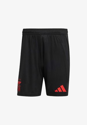 Mustat urheilushortsit, joissa on joustava vyötärö, punainen brodeerattu logo ja punaiset Adidas-korostukset vasemmassa alakulmassa. Valmistettu hengittävästä materiaalista.