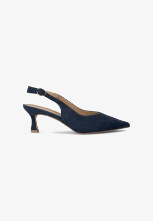 Décolleté blu navy con cinturino, punta affusolata, in morbido suede, tacco di 7,5 cm e cinturino regolabile con fibbia. Design semplice con dettaglio a taglio.